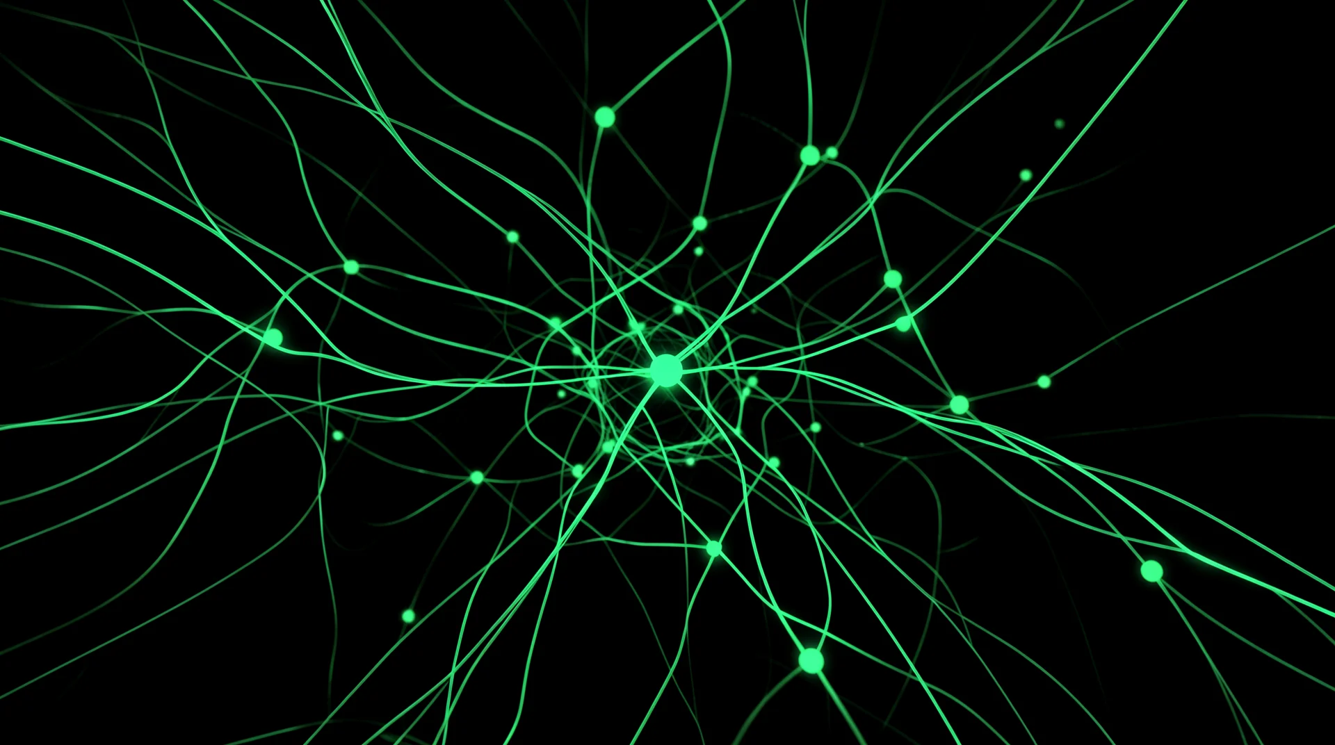 Neural network visualization — glowing green nodes on black